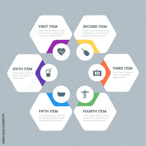 Flat geometric food, health, hotel, drinks infographic steps template with 6 options for presentations, advertising, annual reports.