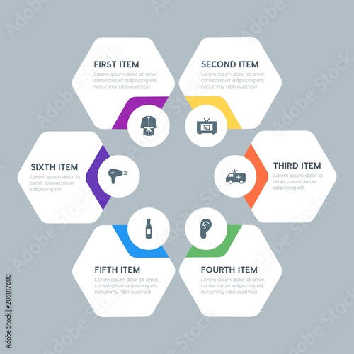 Flat geometric food, health, hotel, drinks infographic steps template with 6 options for presentations, advertising, annual reports.
