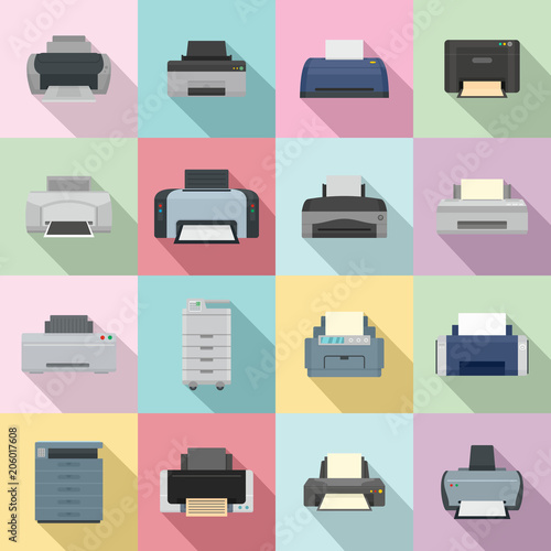 Printer office copy document icons set. Flat illustration of 16 printer office copy document vector icons for web