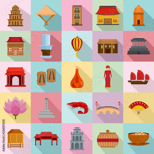 Vietnam travel tourism icons set. Flat illustration of 25 Vietnam travel tourism vector icons for web