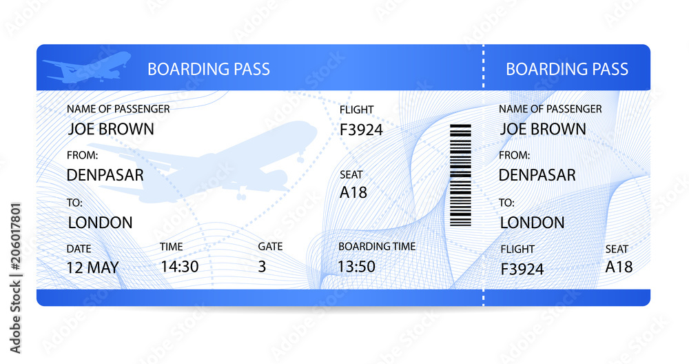 Boarding pass (ticket, traveler check template) with aircraft (airplane or plane) silhouette on guilloche background. Travel by Aerial Transport. Enjoy your vacation. Isolated vector on white