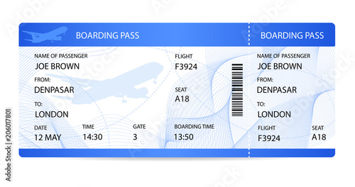 Boarding pass (ticket, traveler check template) with aircraft (airplane or plane) silhouette on guilloche background. Travel by Aerial Transport. Enjoy your vacation. Isolated vector on white