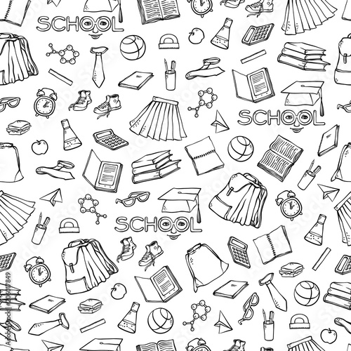 Vector school seamless pattern clothes stationery. Background various symbols education for design. Black white set sketch contour illustration. Drawn art stylized letters with face.