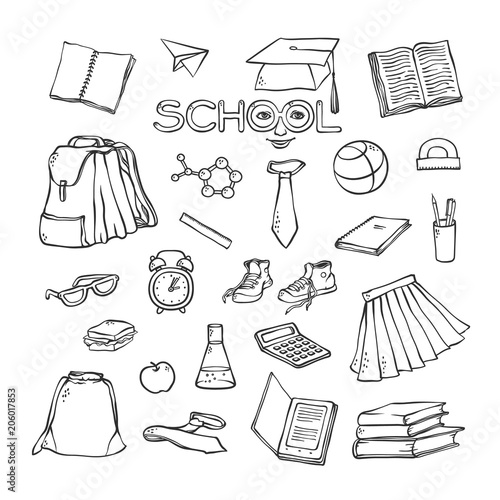 Vector school elements clothes stationery. Various symbols education for design. Black white set sketch contour illustration. Drawn art stylized letters with face.