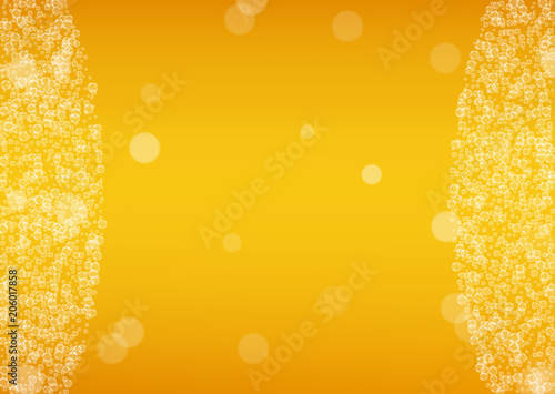 Beer foam background with realistic bubbles.  Cool beverage for restaurant menu design, banners and flyers.  Yellow horizontal beer foam background. Cold pint of golden lager or ale.