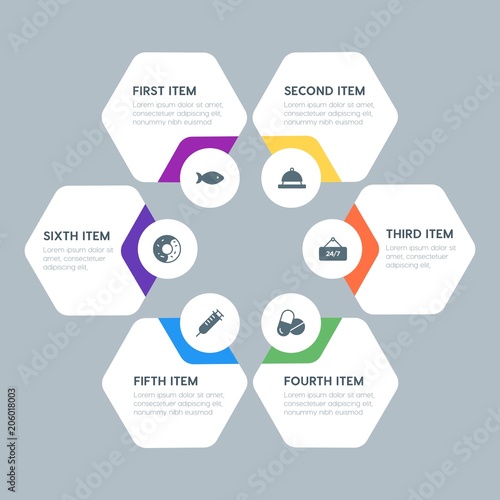 Flat geometric food, health, hotel, drinks infographic steps template with 6 options for presentations, advertising, annual reports.