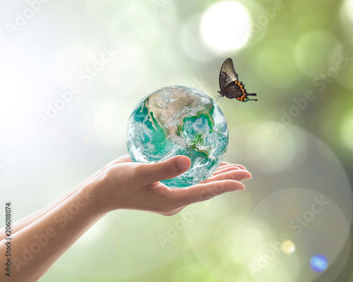 World environment day, sustainable ecology and environmental friendly concept with green earth planet on volunteer's woman hands. Element of  image furnished by NASA