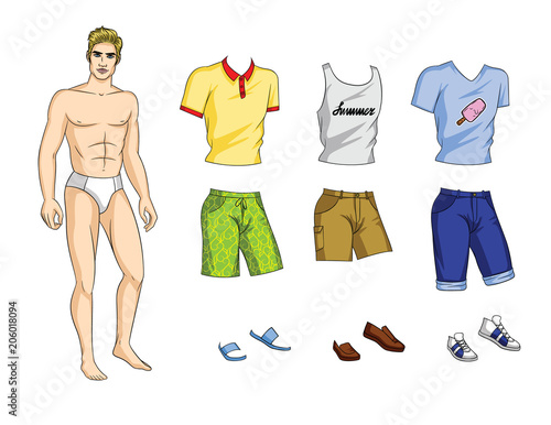 Vector illustration of paper doll man with set of stylish summer clothes and shoes. Handsome guy with trendy outfit