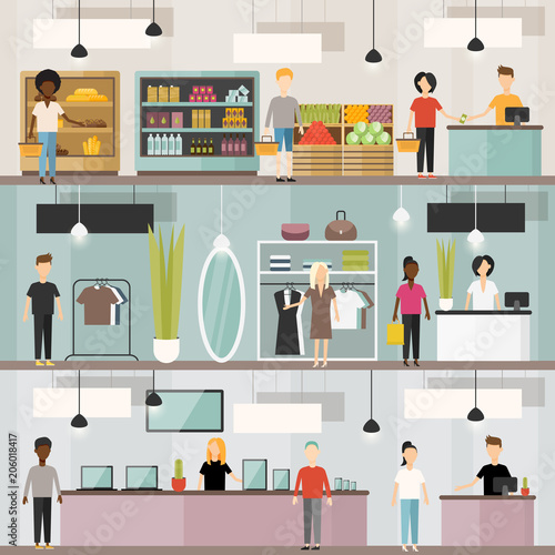 Supermarket vector banner background concept set. Flat style grocery store, fashion and clothing shop and electronics store interiors with customers and assistants.