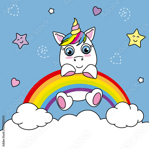 unicorn caught from a rainbow. sky with stars and hearts