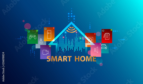 Smart home system. Internet of things concept. Header or banner with logo automation device house. Smart Technology background.