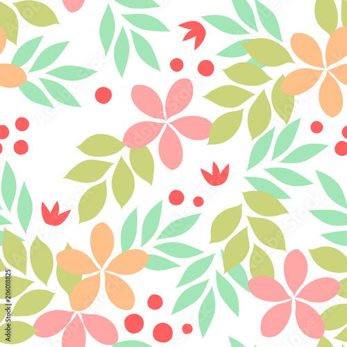 Colorful simple exotic leaves and flowers and berries seamless pattern  vector