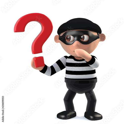 3d Funny cartoon criminal burglar character holding a question mark symbol