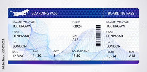 Boarding pass (ticket, traveler check template) with aircraft (airplane or plane) silhouette on guilloche background. Travel by Aerial Transport. Vacation. Isolated vector on white