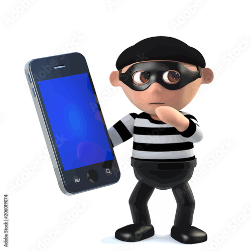 3d Funny burglar character has stolen a smartphone
