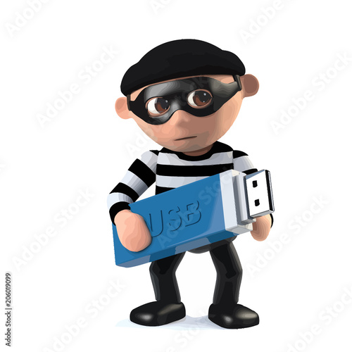3d Funny cartoon burglar character takes a USB memory stick with data