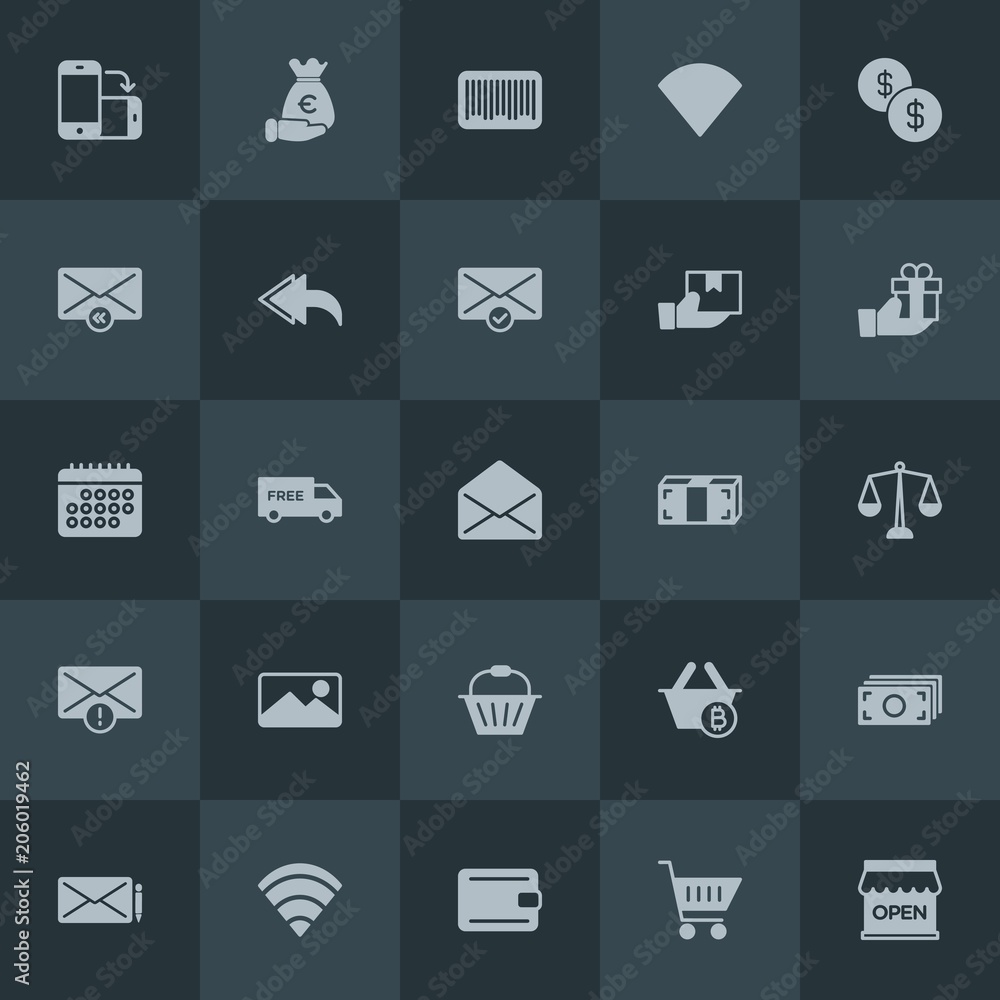 Modern Simple Set of money, mobile, email, shopping Vector fill Icons. Contains such Icons as  web,  signal, investment,  shop,  mobile and more on dark background. Fully Editable. Pixel Perfect.