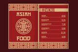 Asian style menu with asian patterns and symbols. Sushi and traditional asian food. Template for restaurant. Traditional asian colors. Vector illustration