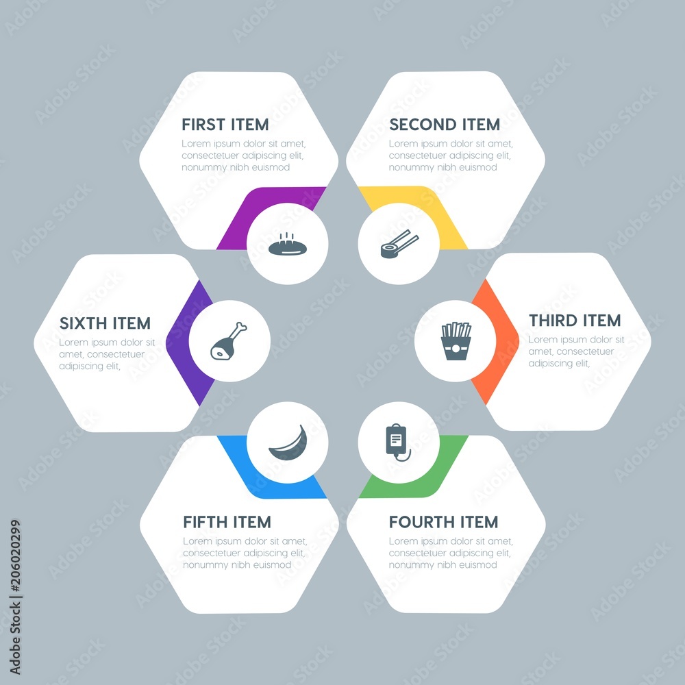 Φωτογραφία Flat geometric food, health, hotel, drinks infographic steps template with 6 options for presentations, advertising, annual reports
