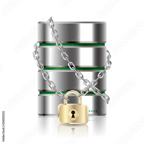 Hard drive locked by a chain.Isolated on white background.