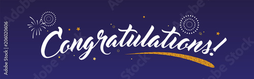 Congrats, Congratulations banner with glitter decoration and fireworks. Handwritten modern brush lettering dark background isolated vector photo