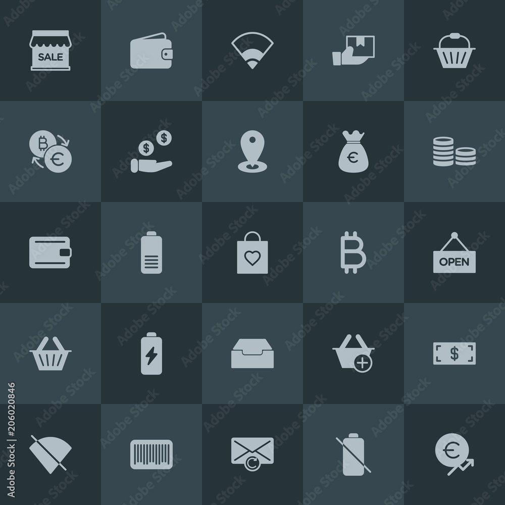Modern Simple Set of money, mobile, email, shopping Vector fill Icons. Contains such Icons as  add,  financial,  label,  buy,  wallet,  cash and more on dark background. Fully Editable. Pixel Perfect.