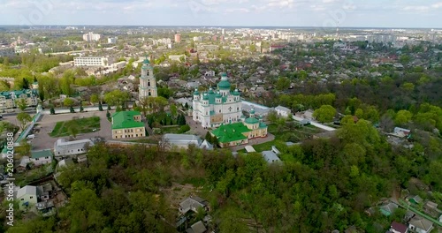 Aerial view at the town from the top of the highest buildings in Chernigov - Troitsko-Ilyinsky Monastery bell tower. photo