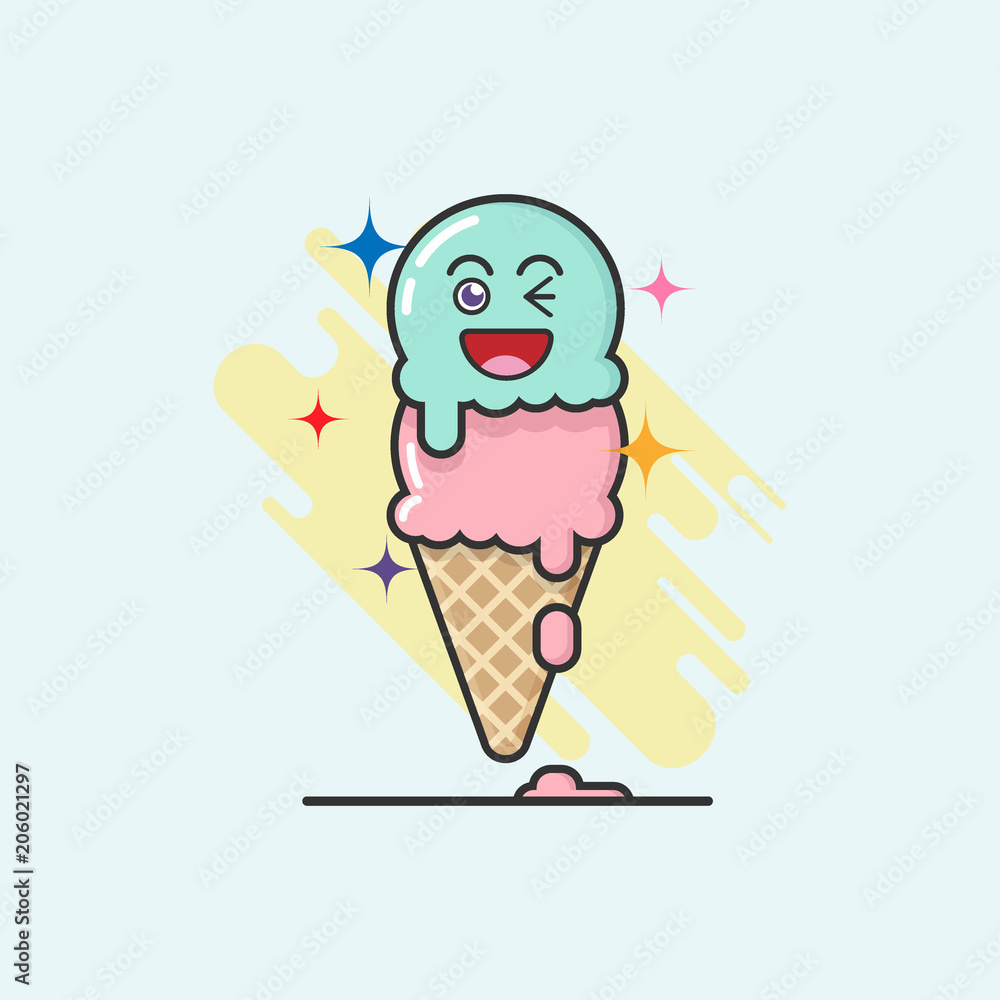 cute cartoon of ice cream cone strawberry and lemon lime flavor on white  background with emotion happy face. ice cream line illustration background.  creative pastels concept Stock Vector | Adobe Stock