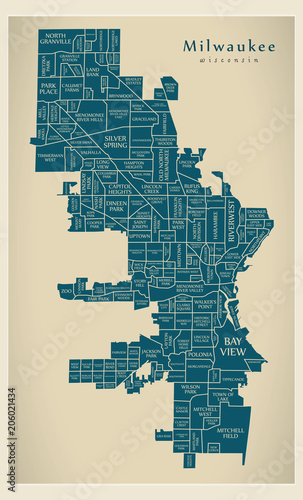 Modern City Map - Milwaukee Wisconsin city of the USA with neighborhoods and titles
