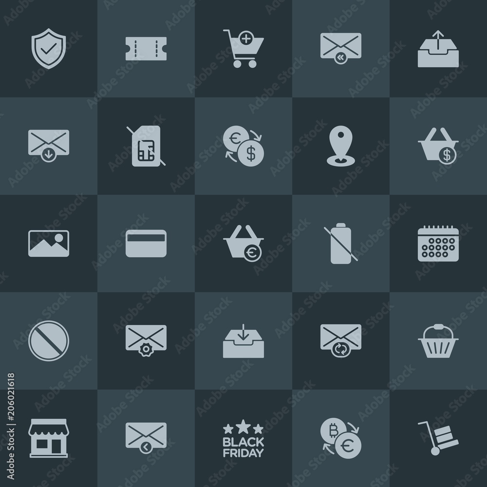 Modern Simple Set of money, mobile, email, shopping Vector fill Icons. Contains such Icons as  value,  currency,  update, service,  poster and more on dark background. Fully Editable. Pixel Perfect.