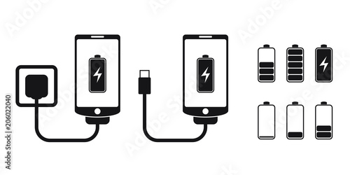 Smart phone charge with battery indicator level, vector icons
