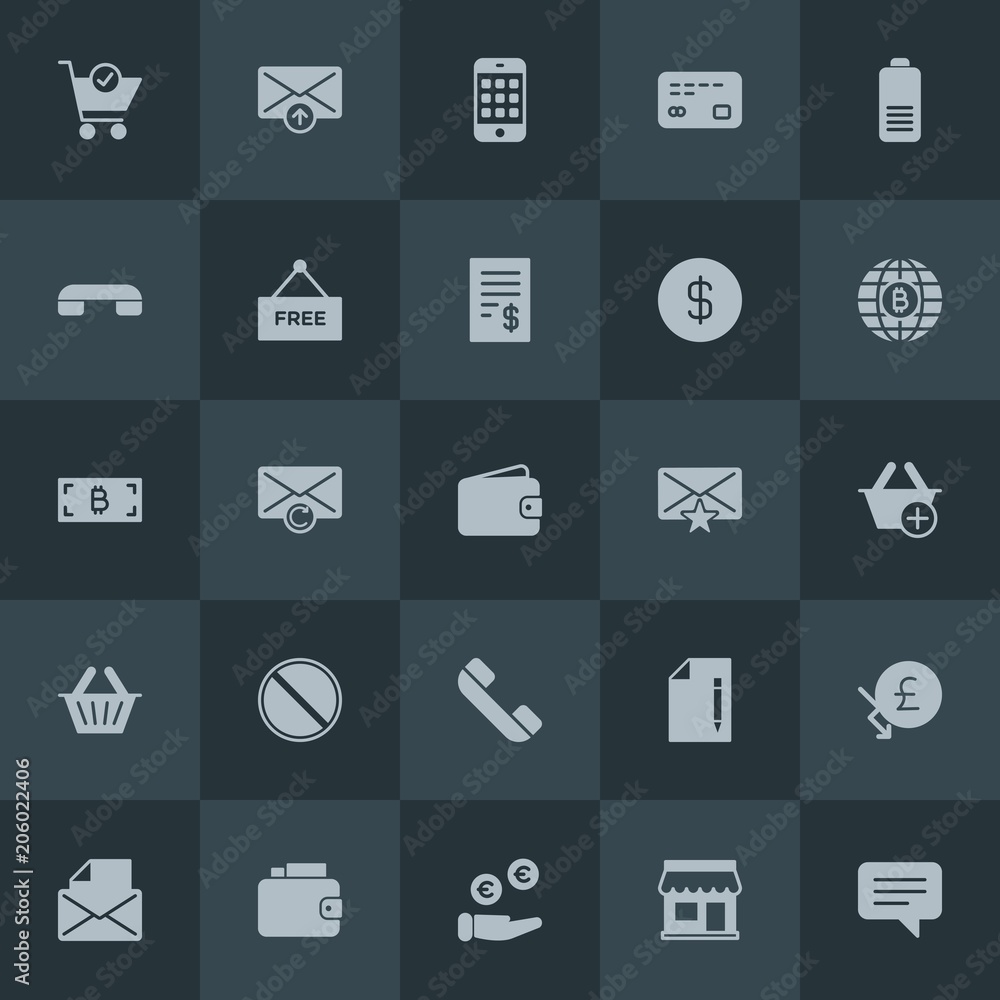 Modern Simple Set of money, mobile, email, shopping Vector fill Icons. Contains such Icons as  send,  store, document, upload,  graph,  web and more on dark background. Fully Editable. Pixel Perfect.