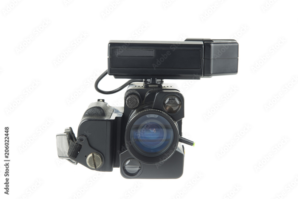 front view of an .amateur video camera of the 80s / isolated on white portrait of a vintage movie camera