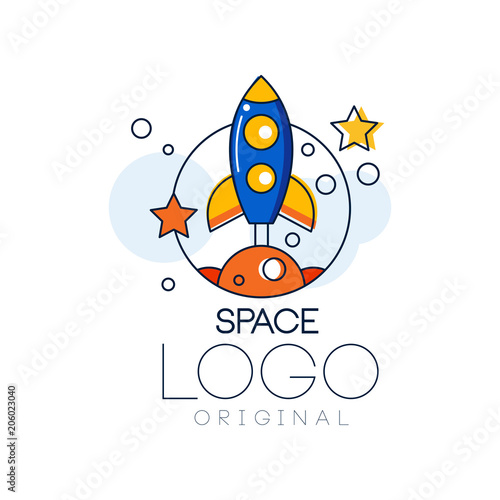 Space logo original, exploration of space label with rocket vector Illustration on a white background