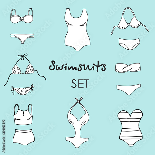 Vector illustration of women black and white outline swimsuit design set. Fashion bikini collection.