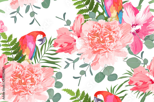 Floral summer seamless pattern with parrot, peony, hibiscus, eucalyptus and f...