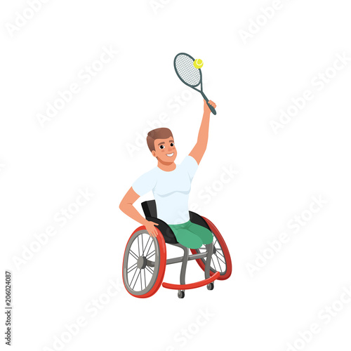 Sportsman with physical disabilities playing tennis. Young cheerful man without legs sitting in wheelchair. Flat vector design