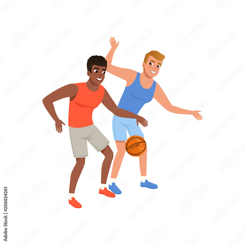 Two guy playing in basketball. Active lifestyle. Yyoung cheerful men in  sportswear. Flat vector design Stock Vector | Adobe Stock
