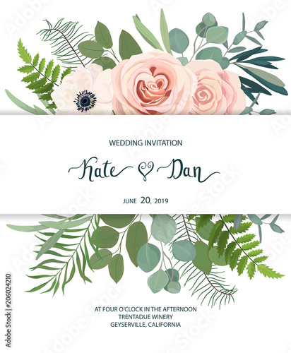 Floral frame with anemone, rose and eucalyptus. For wedding, Valentine's day, Birthday. Vector illustration. Watercolor style