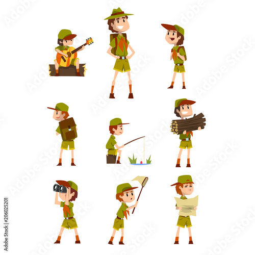 Scouting boys set, boy scouts with hiking equipment, summer camp activities vector Illustrations on a white background