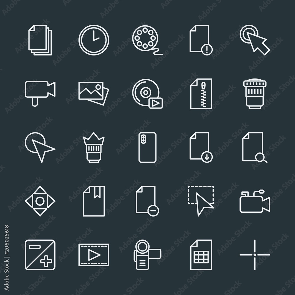 Modern Simple Set of video, photos, cursors, files Vector outline Icons. Contains such Icons as click, point, technology, camera, hand and more on dark background. Fully Editable. Pixel Perfect. Modern Simple Set of video, photos, cursors, files Vector outline Icons. Contains such Icons as click, point, technology, camera, hand and more on dark background. Fully Editable. Pixel Perfect.