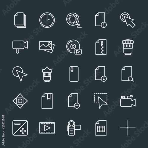 Modern Simple Set of video, photos, cursors, files Vector outline Icons. Contains such Icons as click, point, technology, camera, hand and more on dark background. Fully Editable. Pixel Perfect.