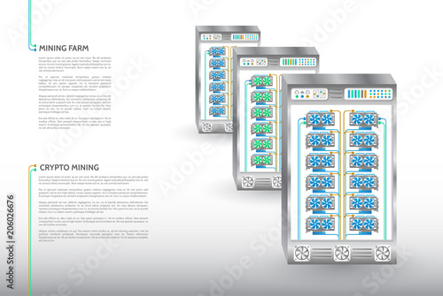 Computer equipment for mining cryptocurrency. Cryptocurrency mining farm. Server room rack.