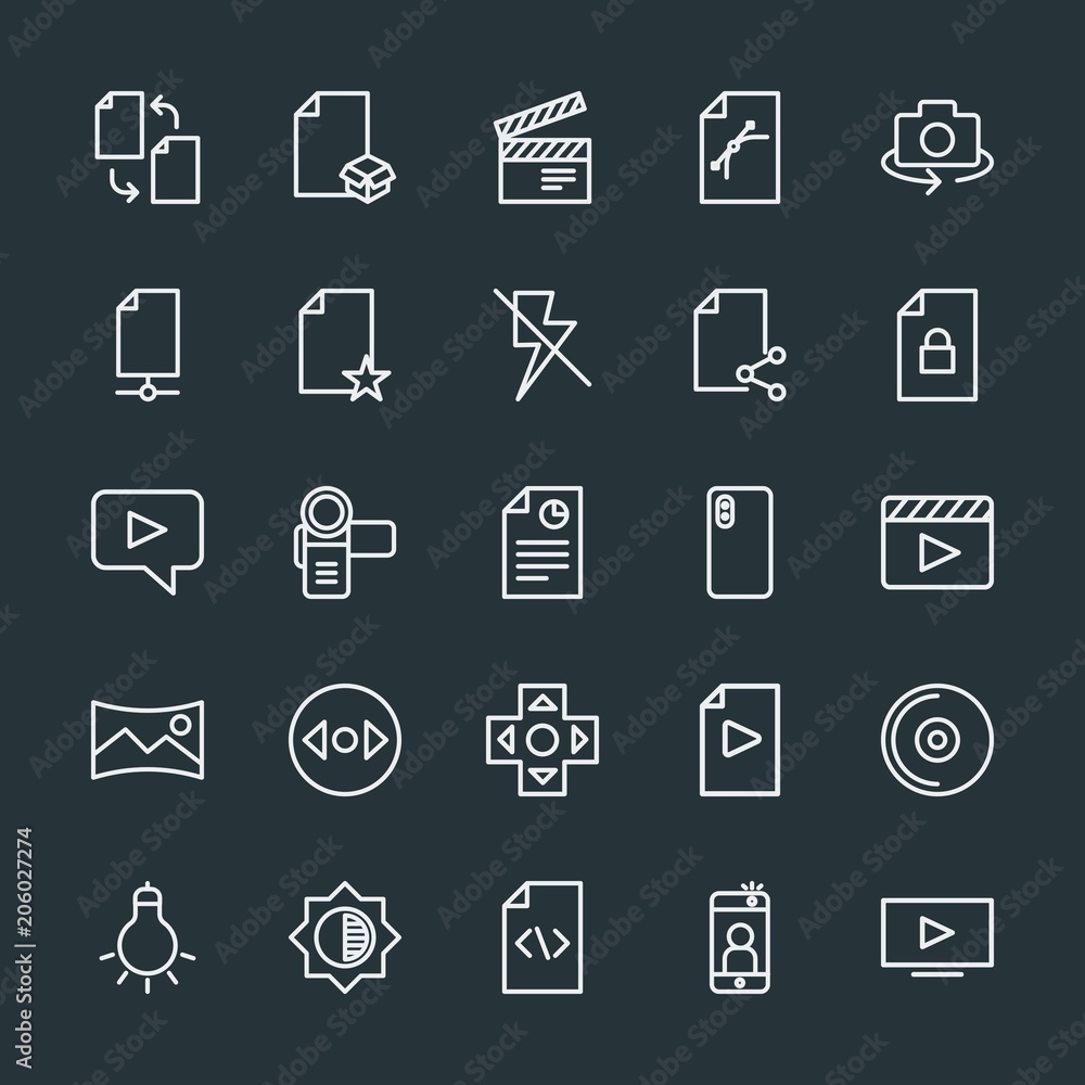 Modern Simple Set of video, photos, cursors, files Vector outline Icons. Contains such Icons as box, space, file, black, light, camera and more on dark background. Fully Editable. Pixel Perfect. Modern Simple Set of video, photos, cursors, files Vector outline Icons. Contains such Icons as box, space, file, black, light, camera and more on dark background. Fully Editable. Pixel Perfect.