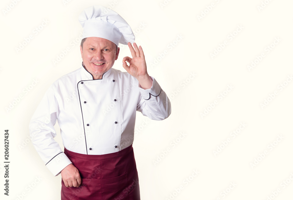 Bon appetite. Happy chef showing sign OK. Cook delicious. Bon appetite. Happy chef showing sign OK. Cook delicious.
