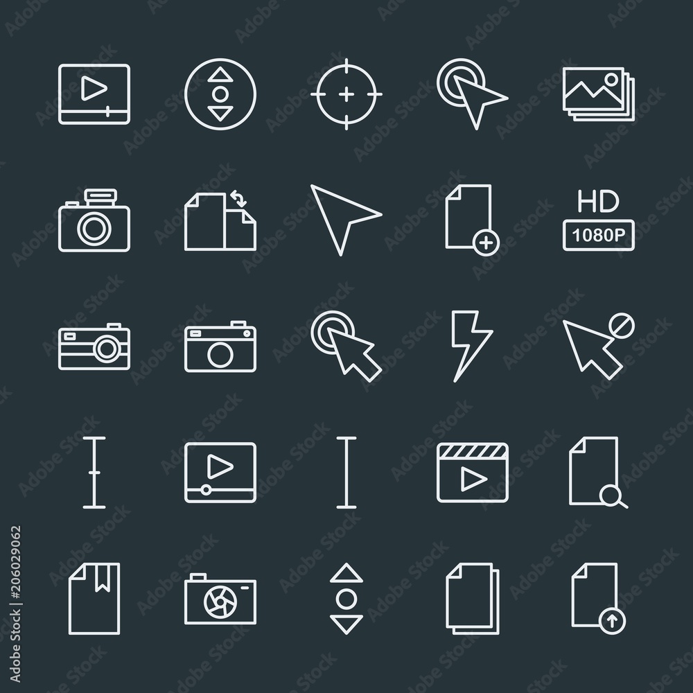 Modern Simple Set of video, photos, cursors, files Vector outline Icons. Contains such Icons as  paper,  double, upload, camera,  book, file and more on dark background. Fully Editable. Pixel Perfect.