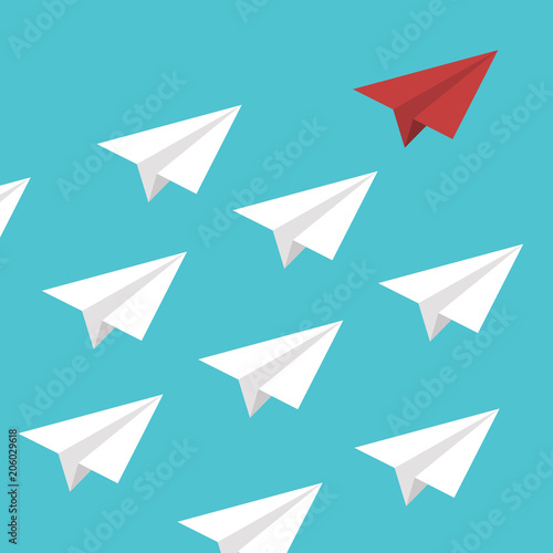 Red paper plane leading white airplanes. Leadership, teamwork and courage concept. EPS 10 vector illustration