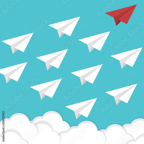 Red paper plane leading white airplanes. Leadership, teamwork and courage concept. EPS 10 vector illustration
