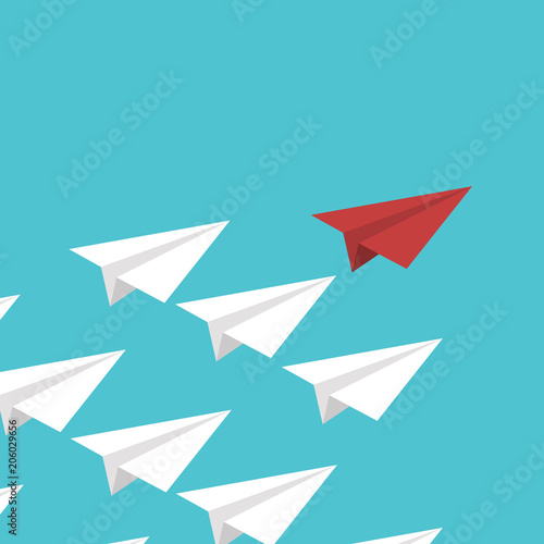 Red paper plane leading white airplanes. Leadership, teamwork and courage concept. EPS 10 vector illustration