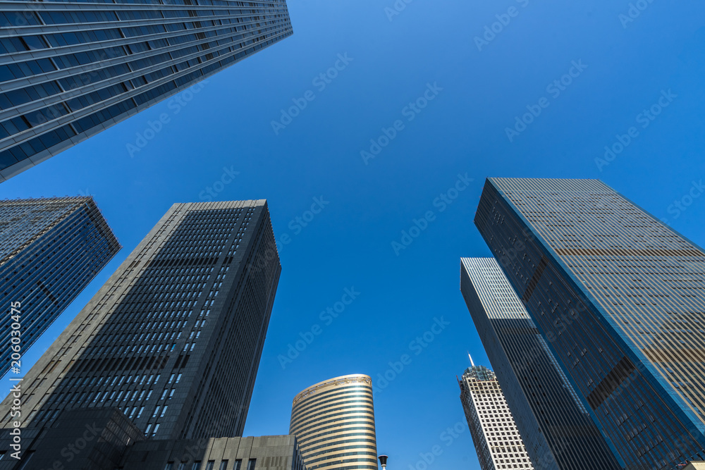 low angle view of skyscrapers in city of China.